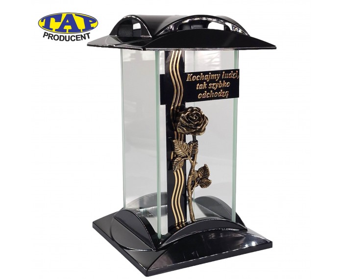 Znicz w kształcie prostej kapliczki z różą i sentencją - Lampion Kwadrat Sentencja