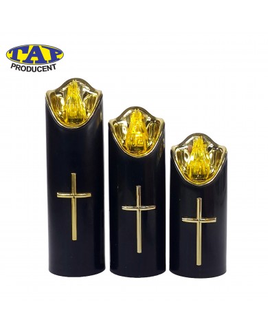 Piękna ozdobna świeca ze złotym krzyżem i żółtym płomieniem - Wąska Lana Czarna Piękna ozdobna świeca ze złotym krzyżem i żółtym płomieniem - Wąska Lana Czarna