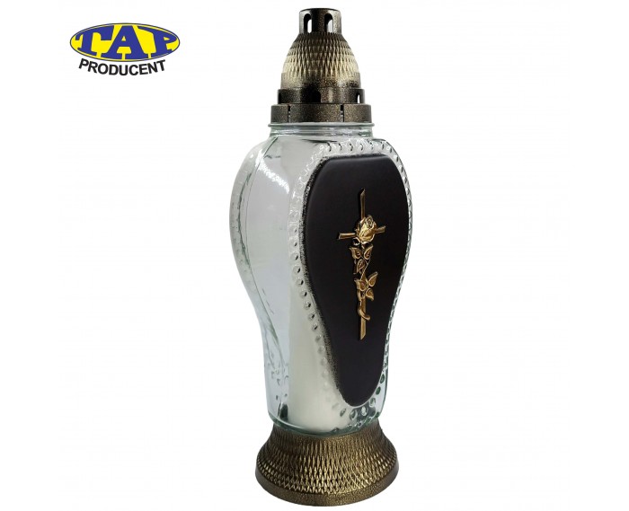 piękny-znicz-szklany-matowy-przód-aplikacja-krzyż-z-różą-1750-mat-znicz-na-grób