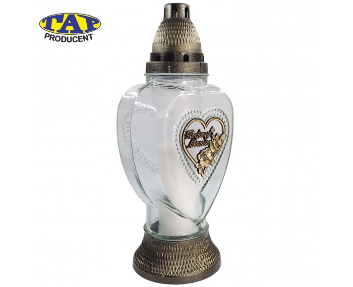 Znicz szklany w kształcie serca z dedykacją dla Mamy/Taty - 1510 Dedykacja