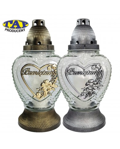 Znicz szklany w kształcie serca ze złotą aplikacją "Pamiętamy" - 2380 Pamiętamy