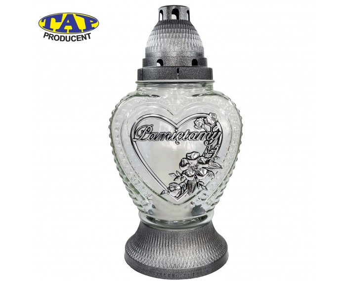 Znicz szklany w kształcie serca ze złotą aplikacją "Pamiętamy" - 2380 Pamiętamy