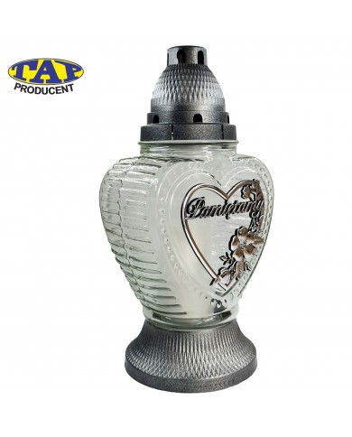 Znicz szklany w kształcie serca ze złotą aplikacją "Pamiętamy" - 2380 Pamiętamy