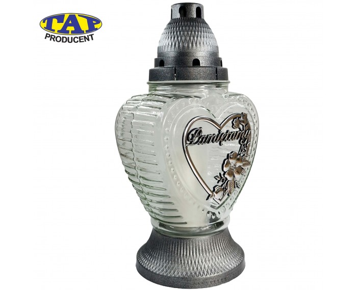 Znicz szklany w kształcie serca ze złotą aplikacją "Pamiętamy" - 2380 Pamiętamy