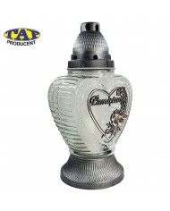 Znicz szklany w kształcie serca ze złotą aplikacją "Pamiętamy" - 2380 Pamiętamy