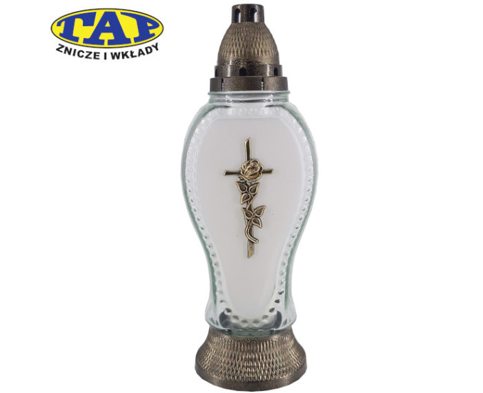 piękny-znicz-szklany-matowy-przód-aplikacja-krzyż-z-różą-1750-mat-znicz-na-grób