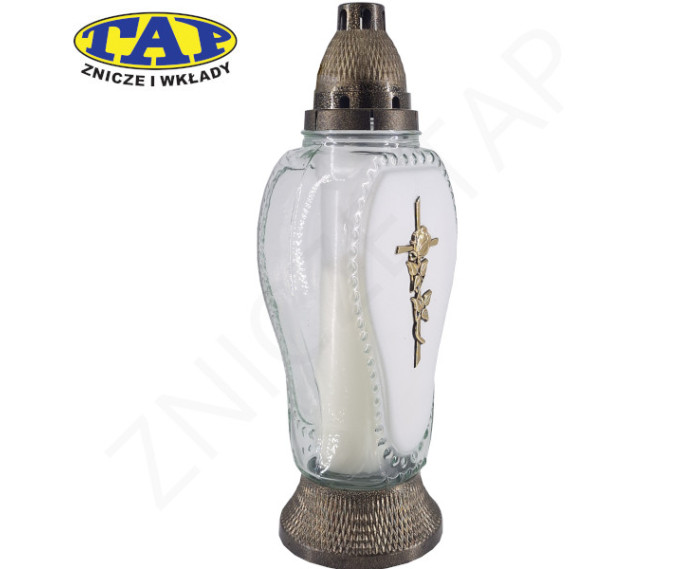 piękny-znicz-szklany-matowy-przód-aplikacja-krzyż-z-różą-1750-mat-znicz-na-grób