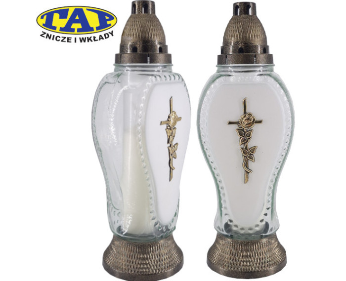 piękny-znicz-szklany-matowy-przód-aplikacja-krzyż-z-różą-1750-mat-znicz-na-grób