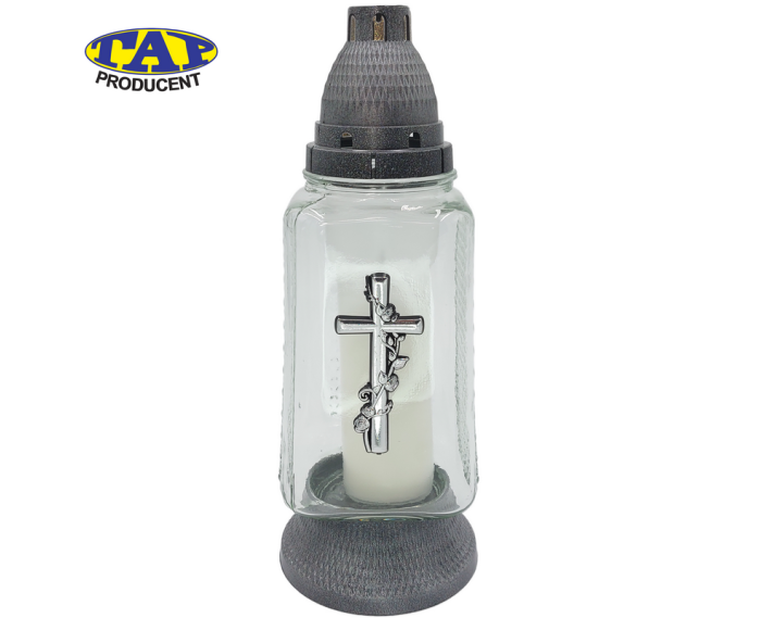 Znicz-szklany-całoroczny-ze-złotym-krzyżem-i-srebrnym-kapturkiem-1240-Krzyż-Srebro