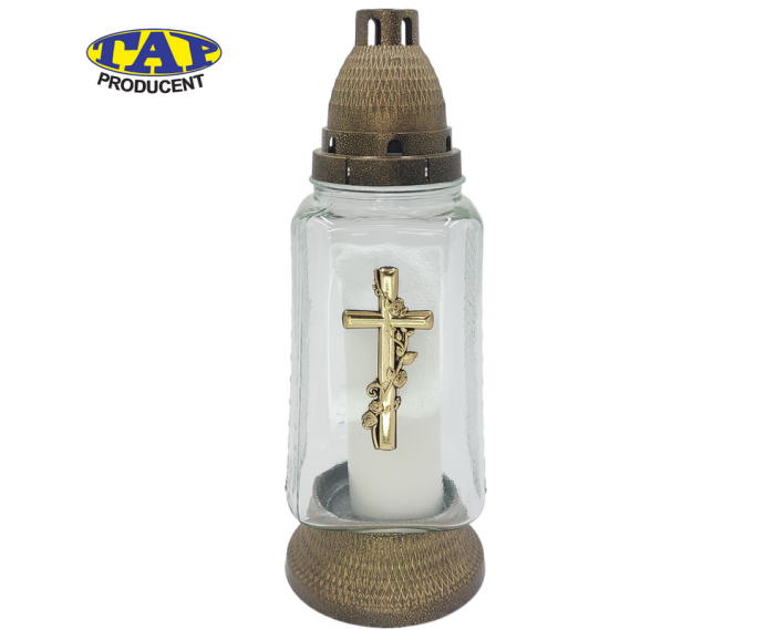 Znicz-szklany-całoroczny-ze-złotym-krzyżem-i-złotym-kapturkiem-1240-Krzyż-Złoto