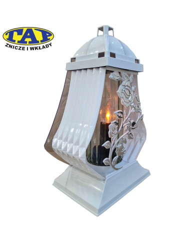 Ozdobny biały znicz ze srebrnym pnączem - Lampion HS Pnącze Białe Srebro