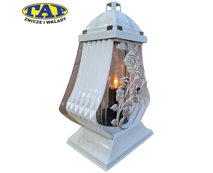 Ozdobny biały znicz ze srebrnym pnączem - Lampion HS Pnącze Białe Srebro