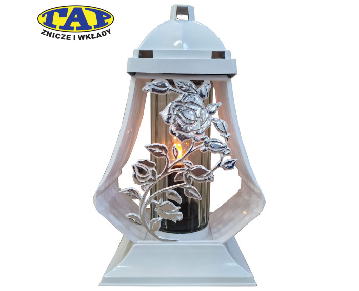 Ozdobny biały znicz ze srebrnym pnączem - Lampion HS Pnącze Białe Srebro