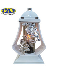 Ozdobny biały znicz ze srebrnym pnączem - Lampion HS Pnącze Białe Srebro