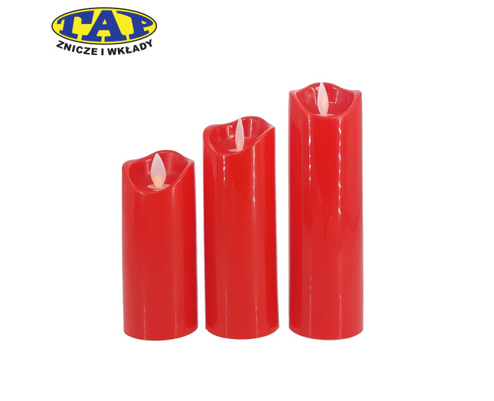 Świeca LED wąska z ruchomym płomieniem, czerwona (różne wysokości)