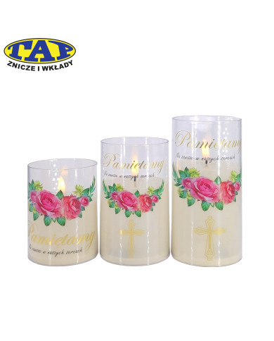 Szeroka świeca LED w tubie z kwiatami i napisem "Pamiętamy" - różne wymiary