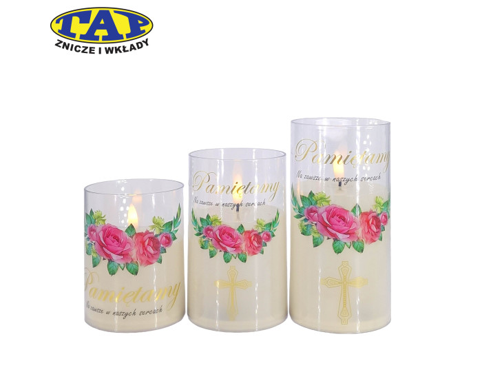 Szeroka świeca LED w tubie z kwiatami i napisem "Pamiętamy" - różne wymiary