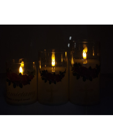 Szeroka świeca LED w tubie z kwiatami i napisem "Pamiętamy" - różne wymiary
