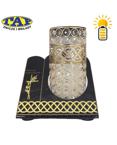 Znicz solarny witraż premium czarno-złoty z białymi kryształkami Znicz solarny witraż premium czarno-złoty z białymi kryształkami