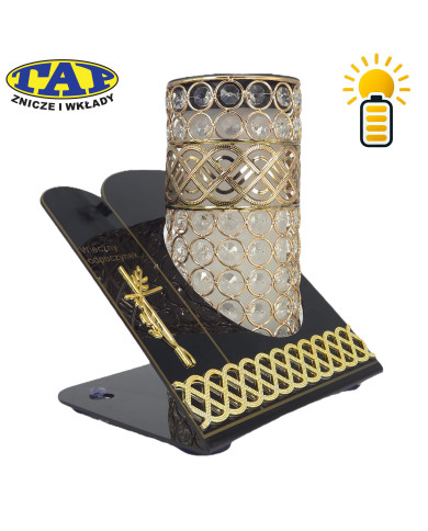 Znicz solarny witraż premium czarno-złoty z białymi kryształkami Znicz solarny witraż premium czarno-złoty z białymi kryształkami