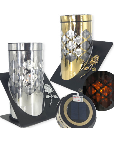 Znicz solarny PARIS C z róża w kolorze złotym lub srebrnym Znicz solarny PARIS C z róża w kolorze złotym lub srebrnym