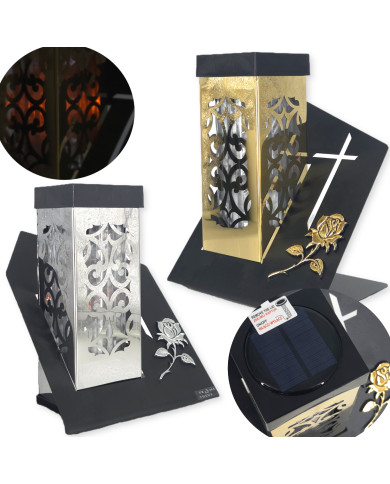 Znicz solarny PARIS D z róża w kolorze złotym lub srebrnym Znicz solarny PARIS D z róża w kolorze złotym lub srebrnym