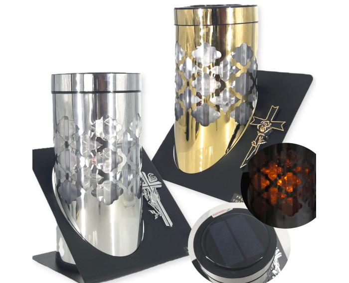 Znicz solarny PARIS C z krzyżem w kolorze złotym lub srebrnym