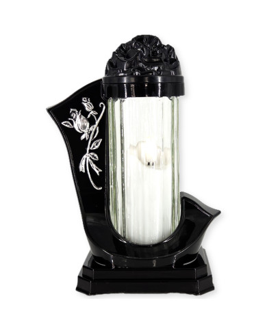czarny znicz dekoracyjny z przezroczystym szkłem i różą w złotym lub srebrnym kolorze