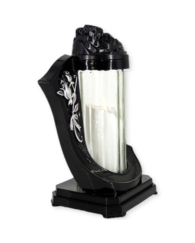 czarny znicz dekoracyjny z przezroczystym szkłem i różą w złotym lub srebrnym kolorze