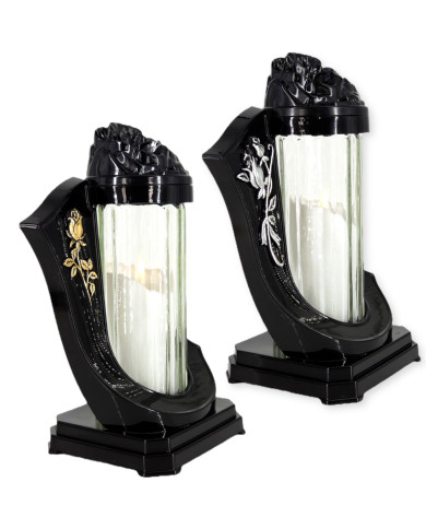 czarny znicz dekoracyjny z przezroczystym szkłem i różą w złotym lub srebrnym kolorze