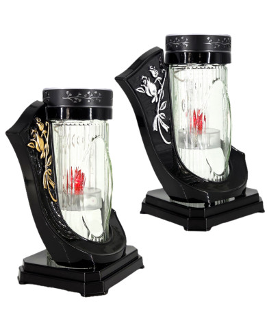 czarny znicz solarny z czerwoną diodą LED i dekoracją róży w kolorze złotym lub srebrnym czarny znicz solarny z czerwoną diodą LED i dekoracją róży w kolorze złotym lub srebrnym