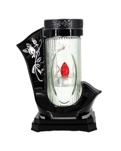czarny znicz solarny z czerwoną diodą LED i dekoracją róży w kolorze złotym lub srebrnym czarny znicz solarny z czerwoną diodą LED i dekoracją róży w kolorze złotym lub srebrnym