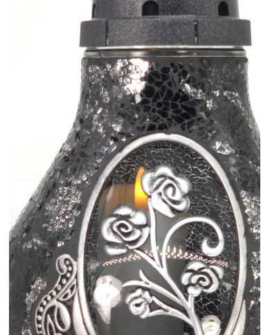 Znicz witrażowy z ozdobną różą - Witraż Karafa Róża Czarno-Srebrna