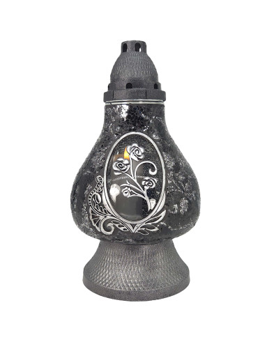 Znicz witrażowy z ozdobną różą - Witraż Karafa Róża Czarno-Srebrna