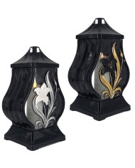 czarny znicz dekoracyjny z motywem lilii w kolorze złotym lub srebrnym