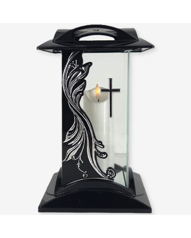 czarny znicz szklany z aplikacją fali i krzyżem w kolorze złotym lub srebrnym czarny znicz szklany z aplikacją fali i krzyżem w kolorze złotym lub srebrnym