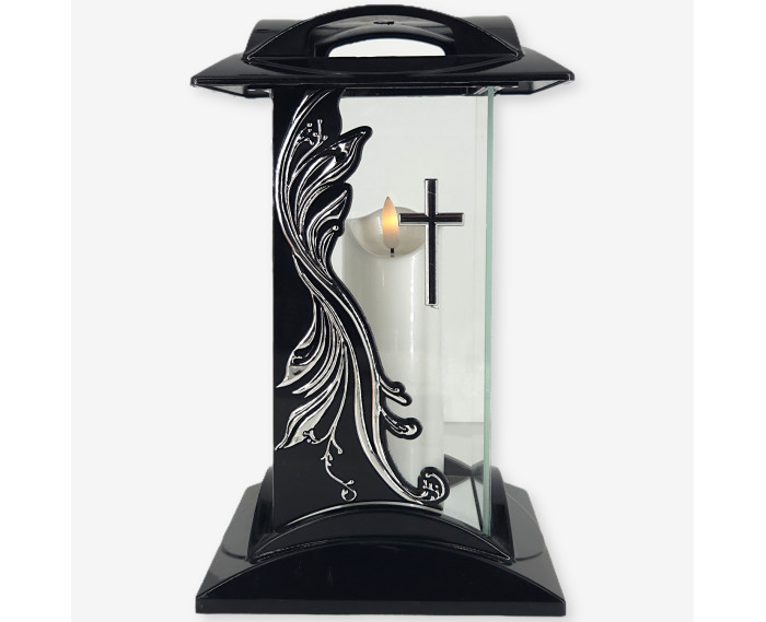 czarny znicz szklany z aplikacją fali i krzyżem w kolorze złotym lub srebrnym