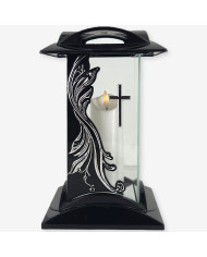 czarny znicz szklany z aplikacją fali i krzyżem w kolorze złotym lub srebrnym