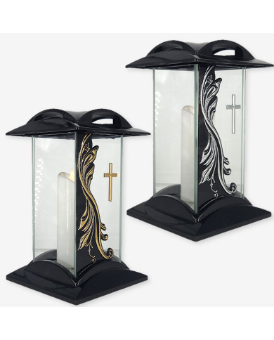 czarny znicz szklany z aplikacją fali i krzyżem w kolorze złotym lub srebrnym