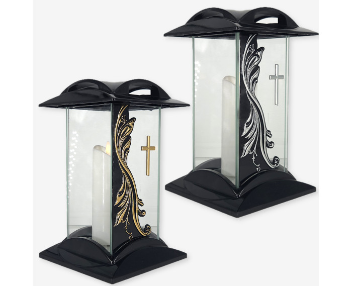 czarny znicz szklany z aplikacją fali i krzyżem w kolorze złotym lub srebrnym