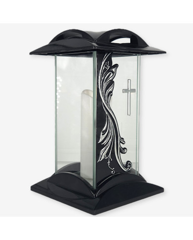 czarny znicz szklany z aplikacją fali i krzyżem w kolorze złotym lub srebrnym