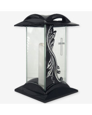 czarny znicz szklany z aplikacją fali i krzyżem w kolorze złotym lub srebrnym