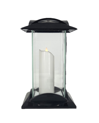 czarny znicz szklany z aplikacją fali i krzyżem w kolorze złotym lub srebrnym czarny znicz szklany z aplikacją fali i krzyżem w kolorze złotym lub srebrnym