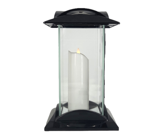 czarny znicz szklany z aplikacją fali i krzyżem w kolorze złotym lub srebrnym