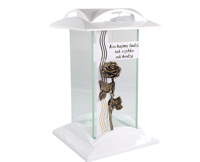 Znicz w kształcie prostej kapliczki z różą i sentencją - Lampion Kwadrat Sentencja