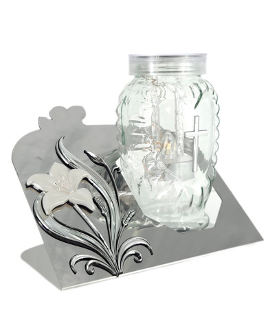 szklany znicz solarny z motywem kwiatu kalia na metalowej podstawie, srebrny lub złoty akcent szklany znicz solarny z motywem kwiatu kalia na metalowej podstawie, srebrny lub złoty akcent