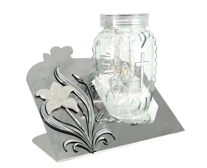 szklany znicz solarny z motywem kwiatu kalia na metalowej podstawie, srebrny lub złoty akcent