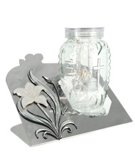 szklany znicz solarny z motywem kwiatu kalia na metalowej podstawie, srebrny lub złoty akcent