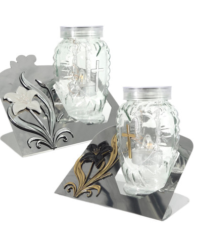 szklany znicz solarny z motywem kwiatu kalia na metalowej podstawie, srebrny lub złoty akcent szklany znicz solarny z motywem kwiatu kalia na metalowej podstawie, srebrny lub złoty akcent