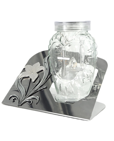 szklany znicz solarny z motywem kwiatu kalia na metalowej podstawie, srebrny lub złoty akcent szklany znicz solarny z motywem kwiatu kalia na metalowej podstawie, srebrny lub złoty akcent